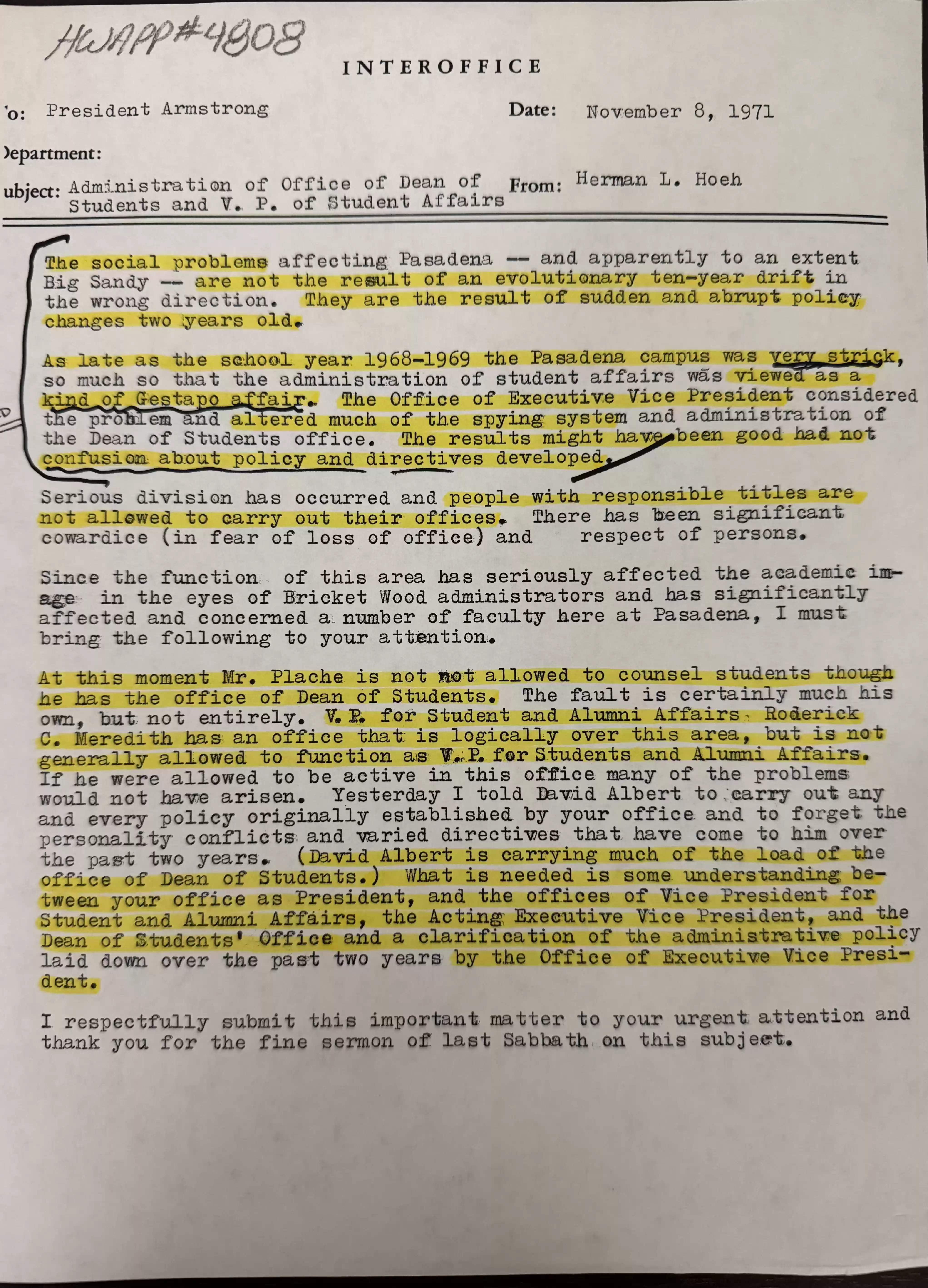 H Hoeh memo to HWA,8Nov1971